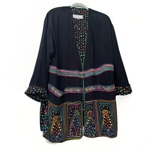 Vtg PLATINUM DOROTHY SCHOELEN Jacket Medium Black Folk Art Boho Oversized USA